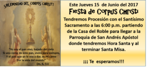 PARROQUIA SAN ANDRÉS DE APÓSTOL INVITA A LA FIESTA DE CORPUS CHRISTI EN NAVA