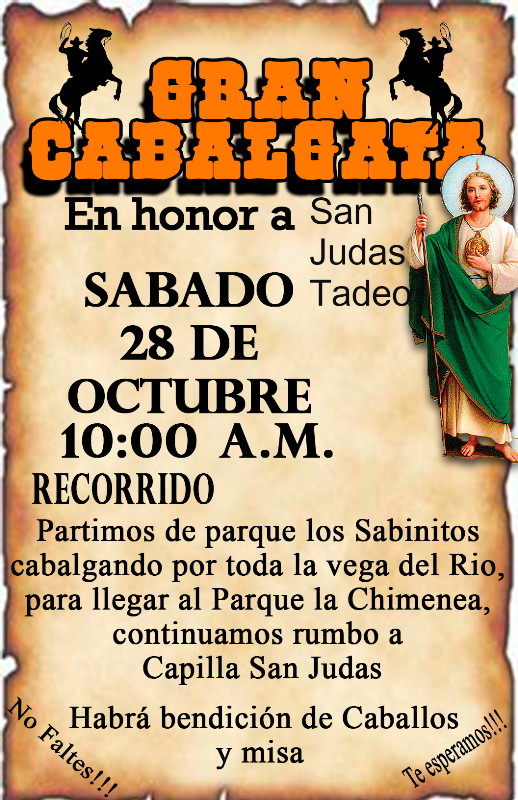 PARROQUIA SAGRADO CORAZÓN DE JESÚS INVITA A LA CABALGATA EN HONOR A SAN JUDAS TADEO EN NUEVA ROSITA