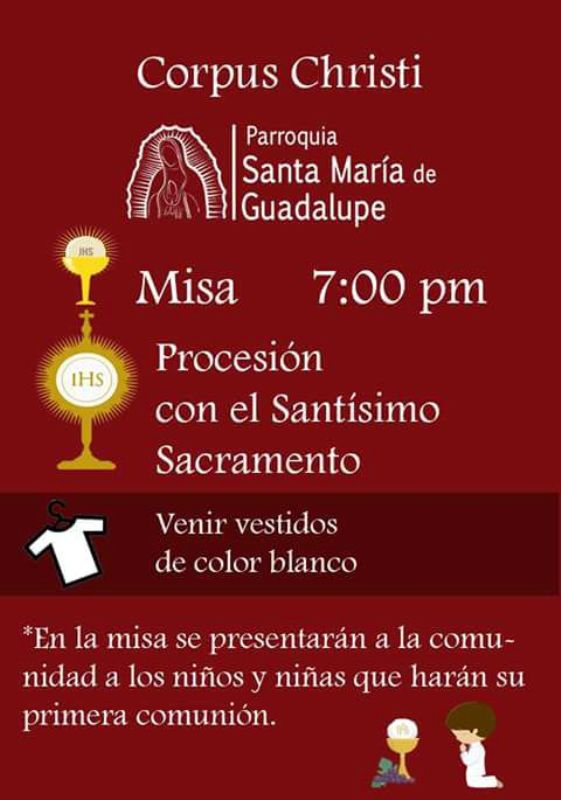 PARROQUIA SANTA MARÍA DE GUADALUPE INVITA A CELEBRAR CORPUS CHRISTI EN ACUÑA