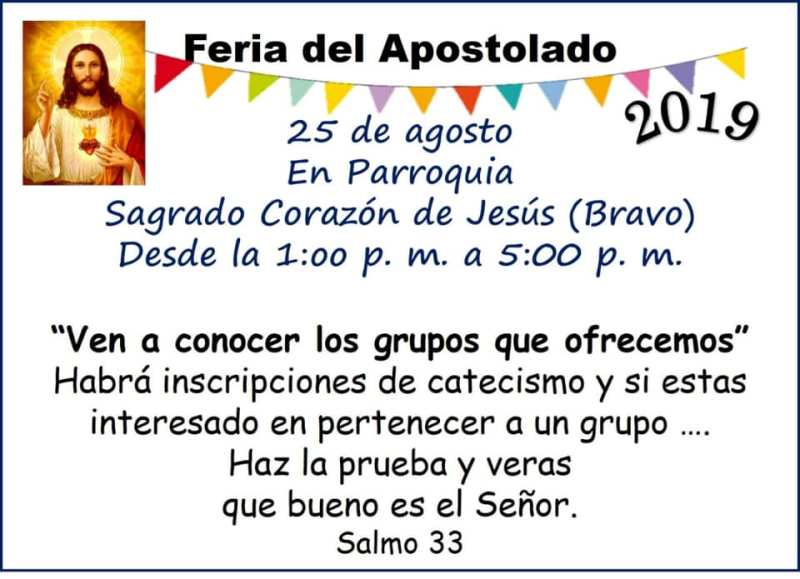SAGRADO CORAZÓN DE JESÚS (BRAVO) INVITA A SU FERIA DEL APOSTOLADO 2019 EN PIEDRAS NEGRAS 