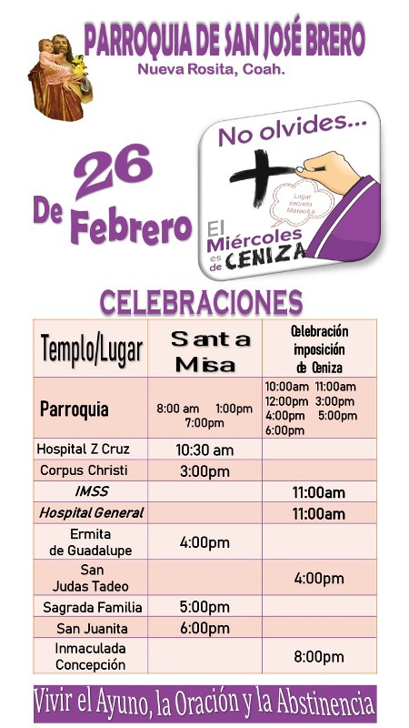 PARROQUIA SAN JOSÉ OBRERO INVITA AL MIÉRCOLES DE CENIZA