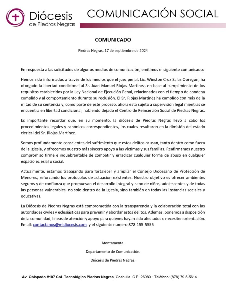 COMUNICADO DE LA DIÓCESIS DE PIEDRAS NEGRAS